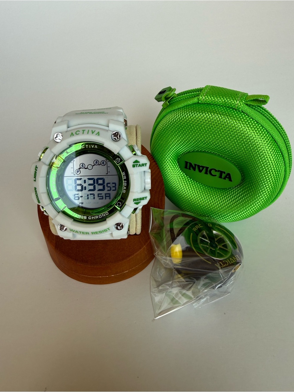 Activa White and Green Digital Sports Watch with Green Invicta Carry Case